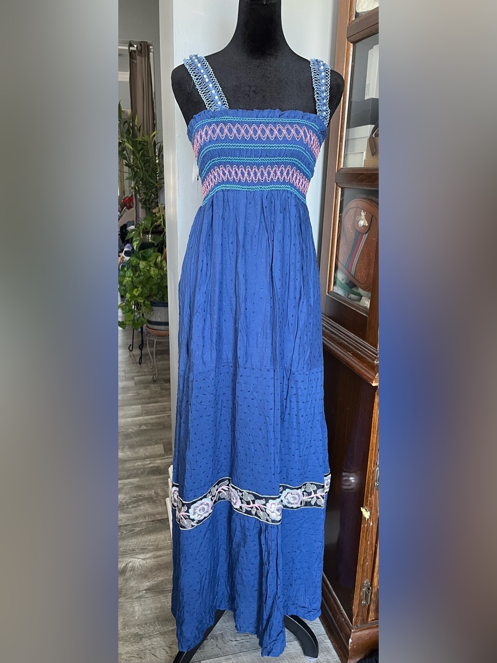 Blue Embroidered Maxi Dress-Skirt with Floral Trim